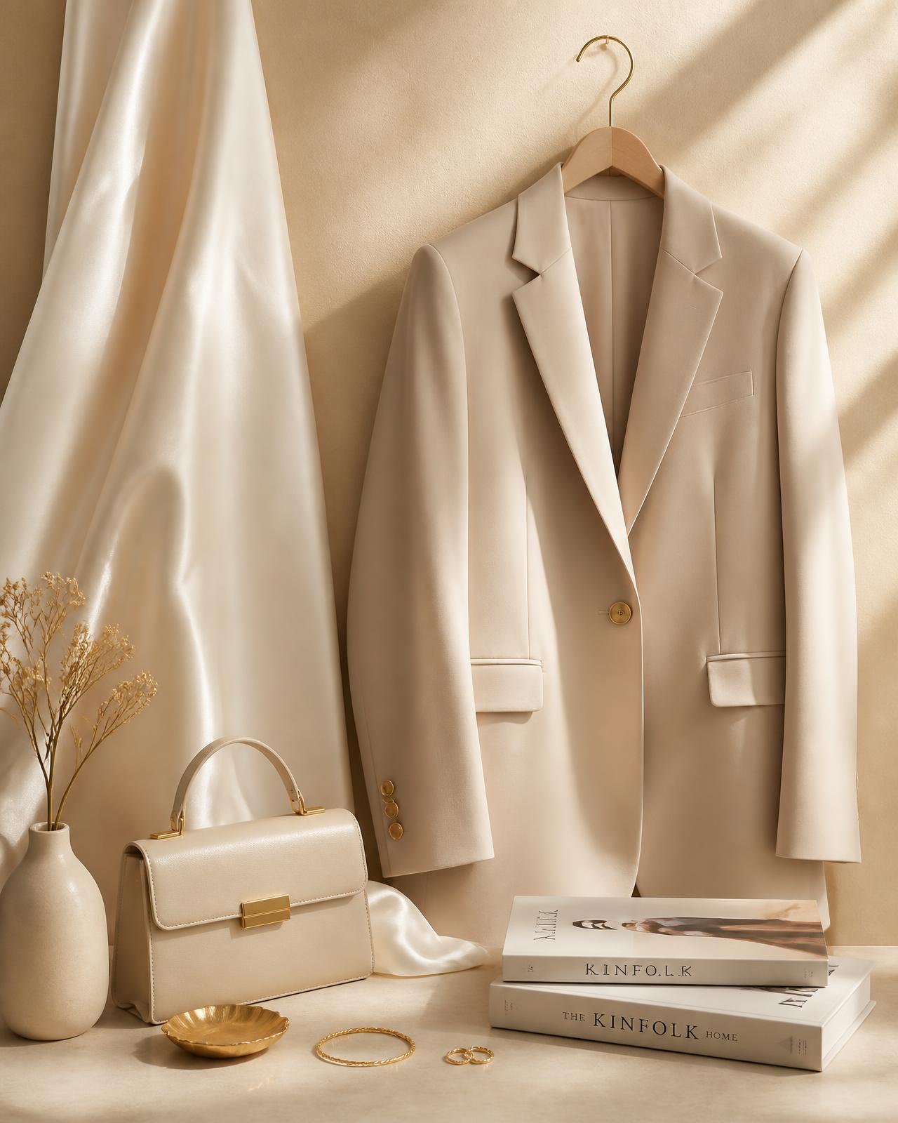 Champagne-toned tailored blazer, silk drape and gold accessories styled by Katie Look
